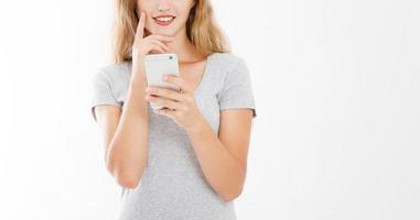 girl holding cell phone, woman with smartphone. Advertising concept. Copy space. Mock up. Blank. photo