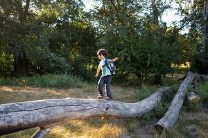 A boy with a backpack walks along the trunk of a fallen tree, a child learns to keep his balance photo