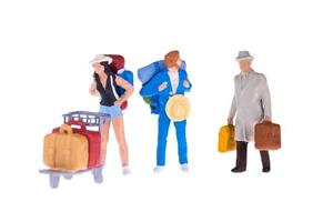 Close up of Miniature businessman and tourist people isolate on white background. Elegant Design with copy space for placement your text, mock up for travel concept photo
