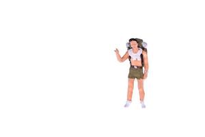 Close up of Miniature backpacker and tourist people isolate on white background. Elegant Design with copy space for placement your text, mock up for travel concept photo