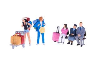 Close up of Miniature businessman and tourist people isolate on white background. Elegant Design with copy space for placement your text, mock up for travel concept photo