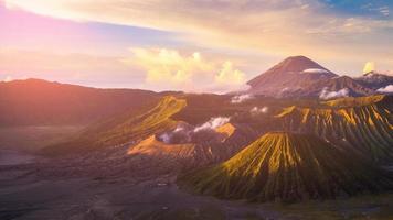 Mount Bromo volcano or Gunung Bromo during sunrise from viewpoint on Mount Penanjakan. Mount Bromo located in Bromo Tengger Semeru National Park, East Java, Indonesia. photo
