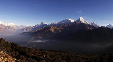 Panorama view of the majestic of himalayan mountain range during sunrise view from Poon Hill view point at Nepal
