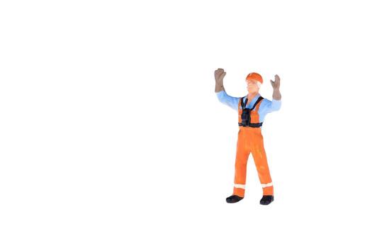 Close up of Miniature people in engineer and worker occupation isolate on white background. Elegant Design with copy space for placement your text, mock up for industrial and construction concept photo