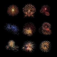 Color fireworks set light up on sky with dazzling display on black background. Event and celebrations background concept photo