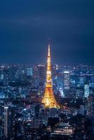 vista aérea sobre la torre de tokio y el paisaje urbano de tokio vista desde las colinas de roppongi en la noche. foto