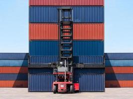 Forklift truck lifting cargo container in shipping yard for import,export, logistic industrial with container stack background photo