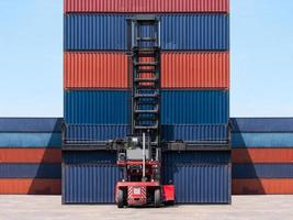 Forklift truck lifting cargo container in shipping yard for import,export, logistic industrial with container stack background photo