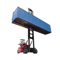 Forklift truck lifting cargo shipping containers isolate on white background photo