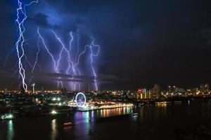 Thunder storm lightning strike on the dark cloudy sky over business building area in Bangkok,Thailand.