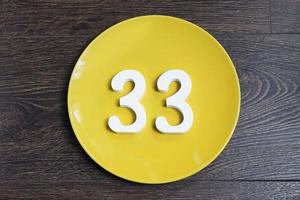 The number thirty-three on the yellow plate photo