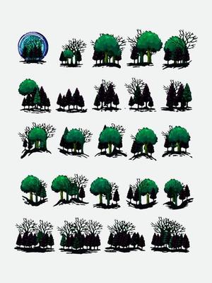 Set of trees. Evergreen forest collection.