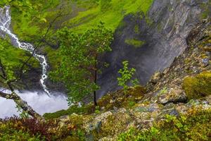 Highest freefall waterfall Vettisfossen from above Utladalen Norway norwegian landscapes. photo