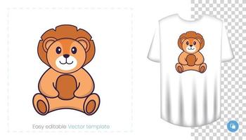 Cute lion character. Prints on T-shirts, sweatshirts, cases for mobile phones, souvenirs. Isolated vector illustration on white background.