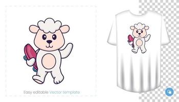 Cute sheep character. Prints on T-shirts, sweatshirts, cases for mobile phones, souvenirs. Isolated vector illustration on white background.