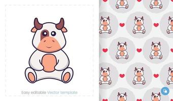 Seamless pattern with cartoon cow on white background. Can be used on packaging paper, cloth and others. vector