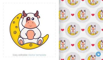 Seamless pattern with cartoon cow on white background. Can be used on packaging paper, cloth and others. vector