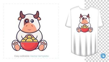 lindo personaje de vaca. estampados en camisetas, sudaderas, fundas para móviles, souvenirs. Ilustración de vector aislado sobre fondo blanco.