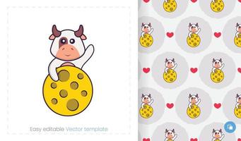 Seamless pattern with cartoon cow on white background. Can be used on packaging paper, cloth and others. vector