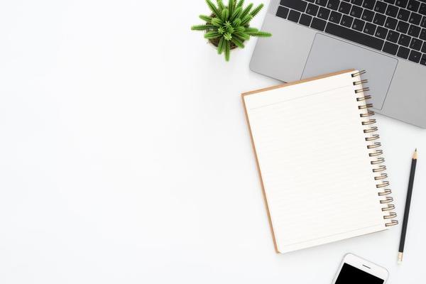 Flat lay with sketchbook, and office supplies on white background. Top view  mockup Stock Photo by ©woodpencil 184081728