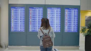 Feliz mujer asiática mirando el tablero de información comprobando su vuelo con equipaje en el hall de la terminal en la puerta de salida del aeropuerto internacional. mujeres de estilo de vida felices en concepto de aeropuerto.