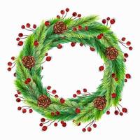 Watercolor wreath for Christmas, New Year. Hand-drawn illustration isolated on white background. Festive garland of coniferous plants - spruce, fir, pine branches decorated with cones, holly berries.