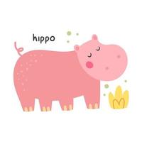 Wild animal childish illustration Pink cute hippo Vector design for children Isolated on white background