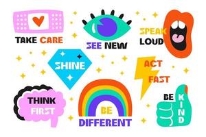 Modern trendy stickers set with motivational phrases Eye mouth brain flash like diamond rainbow Bright colors Social issues Personal support Mental health