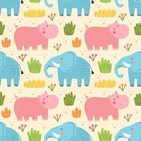 Wild animal childish seamless pattern background wallpaper paper Hippo and elephant with herbs grass Vector design for children Packaging design