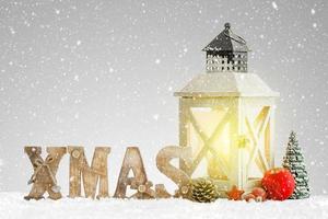 Winter background of snowed lantern and Christmas decoration. photo