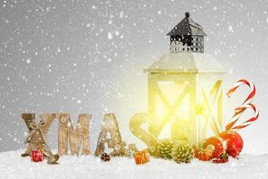Winter background of snowed lantern and Christmas decoration. photo