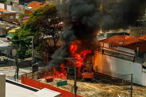 Huge fire flame caused by a gas leak in a pipe under a street in Sao Paulo. The city famous for its cultural and business vocation in Brazil. photo