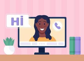Video chat with female colleague flat color vector illustration