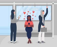 Spending time in subway with dating site flat color vector illustration