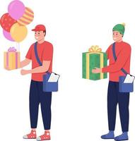 Courier with gift semi flat color vector characters set