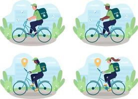 Delivery on bike 2D vector isolated illustration set