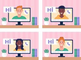 Making video call at home flat color vector illustrations set