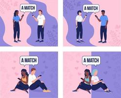 Perfect matching on dating app flat color vector illustrations set