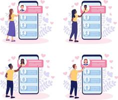 Select potential mates on dating app flat concept vector illustrations set