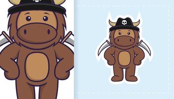 Cute bull mascot character. Can be used for stickers, patches, textiles, paper. Vector illustration