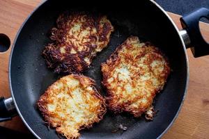Baked potato pancakes in a pan. Traditional dish. photo