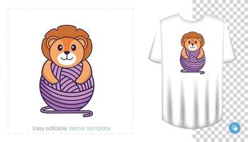 Cute lion character. Prints on T-shirts, sweatshirts, cases for mobile phones, souvenirs. Isolated vector illustration on white background.