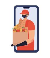 online ordering and delivery man with safety mask and one paper bag full of market products on a phone vector