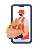 online ordering and delivery man with safety mask and one box full of market products on a phone vector