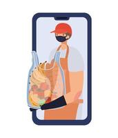 online ordering and delivery man with safety mask and one plastic bag full of market products on a phone vector