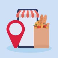 set of online ordering and delivery icons and one paper bag full of market products vector