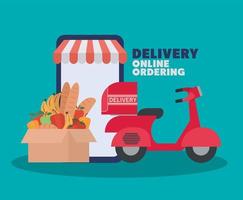 delivery online ordering lettering and set of online ordering and delivery icons and one box full of market products vector