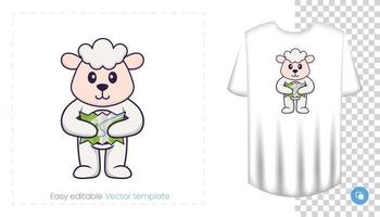 Cute sheep character. Prints on T-shirts, sweatshirts, cases for mobile phones, souvenirs. Isolated vector illustration on white background.