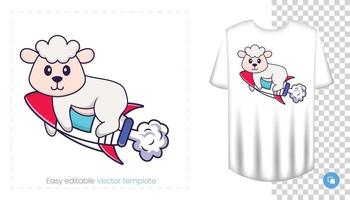 Cute sheep character. Prints on T-shirts, sweatshirts, cases for mobile phones, souvenirs. Isolated vector illustration on white background.