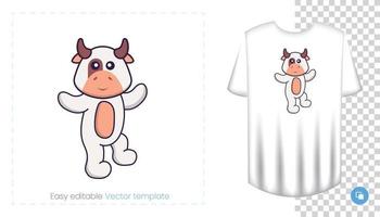 lindo personaje de vaca. estampados en camisetas, sudaderas, fundas para móviles, souvenirs. Ilustración de vector aislado sobre fondo blanco.